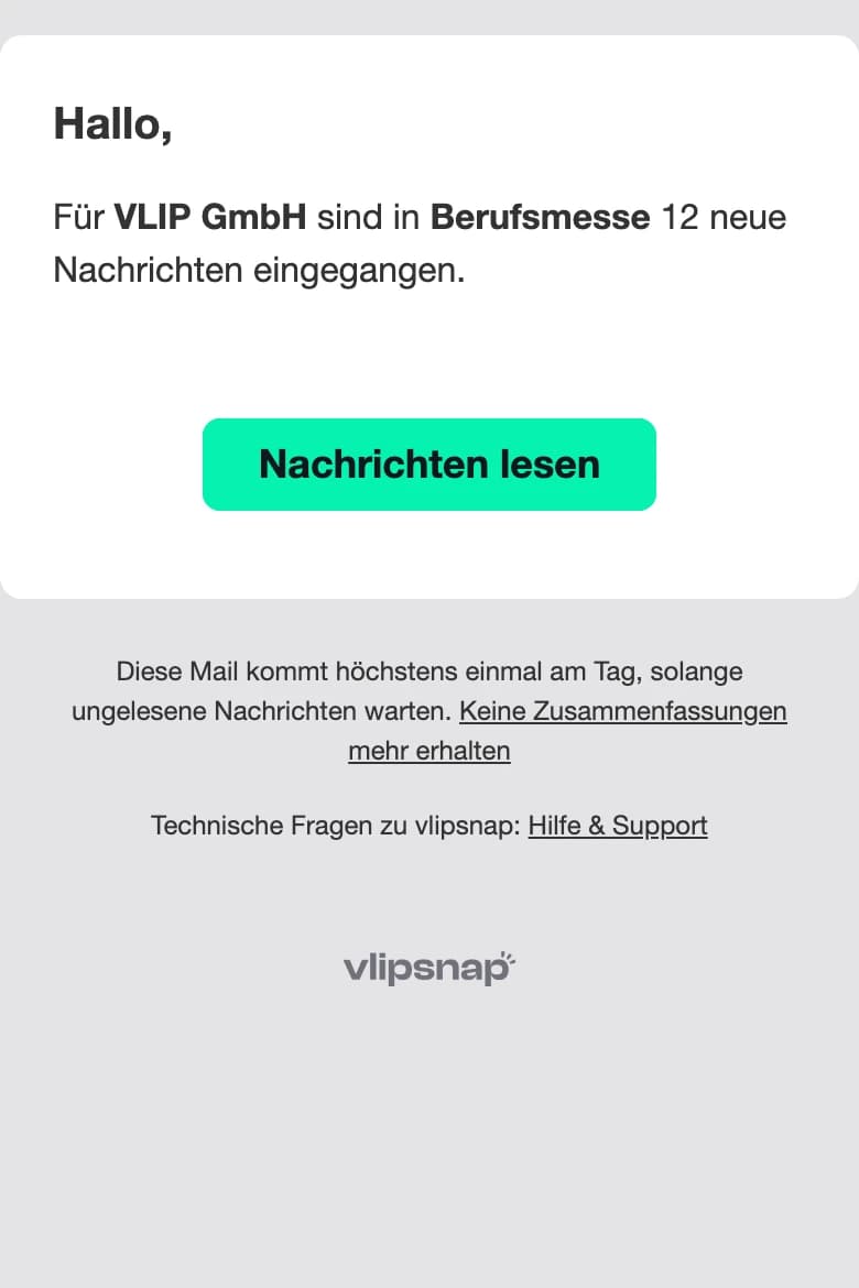 E-Mail im Mail-Client: „Für VLIP GmbH sind in Berufsmesse 12 neue Nachrichten eingegangen“ mit Button „Nachrichten lesen“