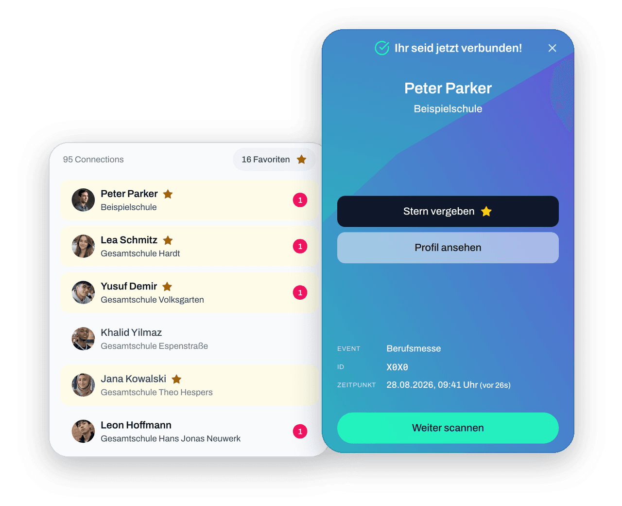 Scanner-Ergebnis „Ihr seid jetzt verbunden!“ mit Peter Parker vor der Connections-Liste