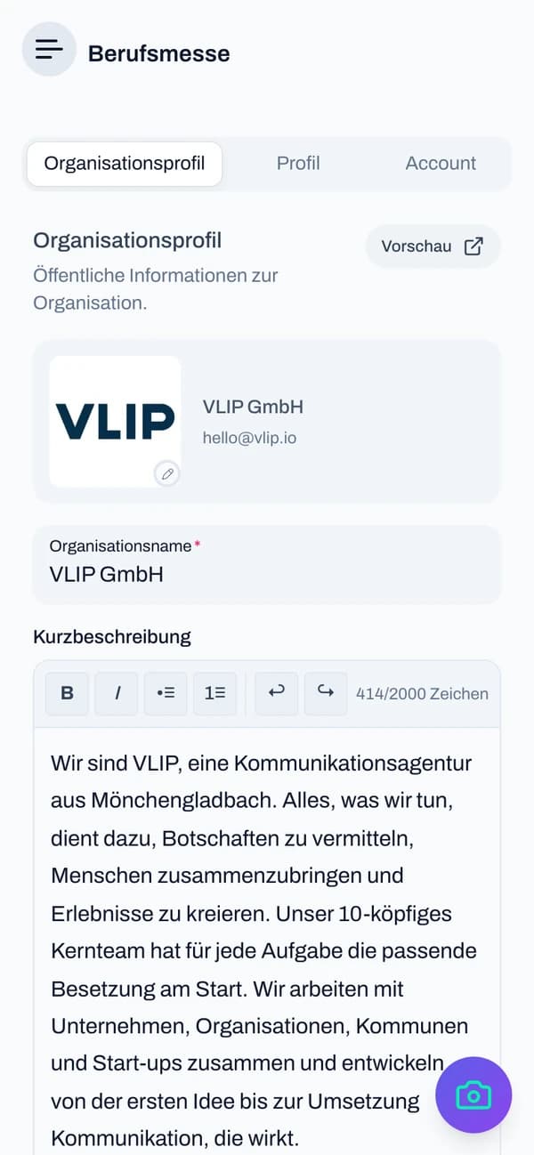 Einstellungen, Tab Organisationsprofil mit Logo, Name und Kurzbeschreibung