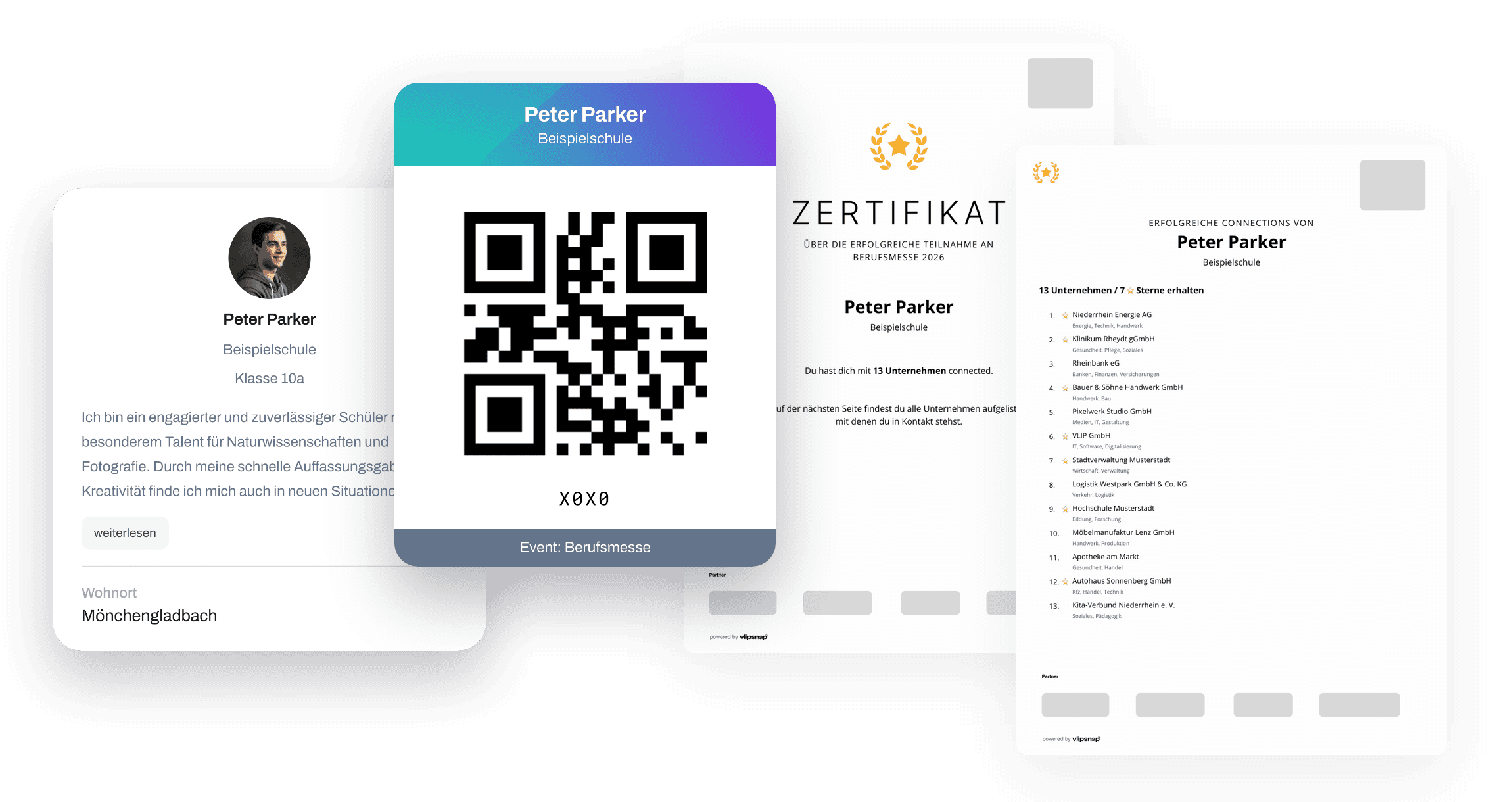 QR-Code-Karte von Peter Parker vor seinem Profil, daneben sein Zertifikat