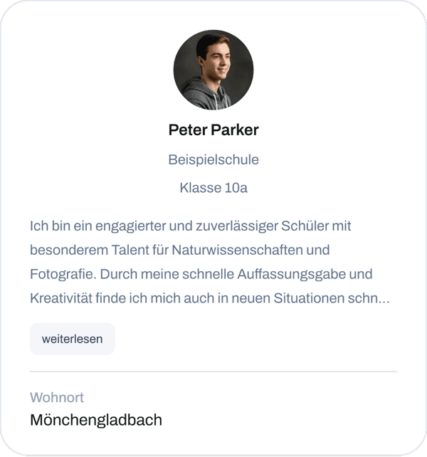 Ausgefülltes Profil von Peter Parker mit Foto, Schule und Kurzbiografie