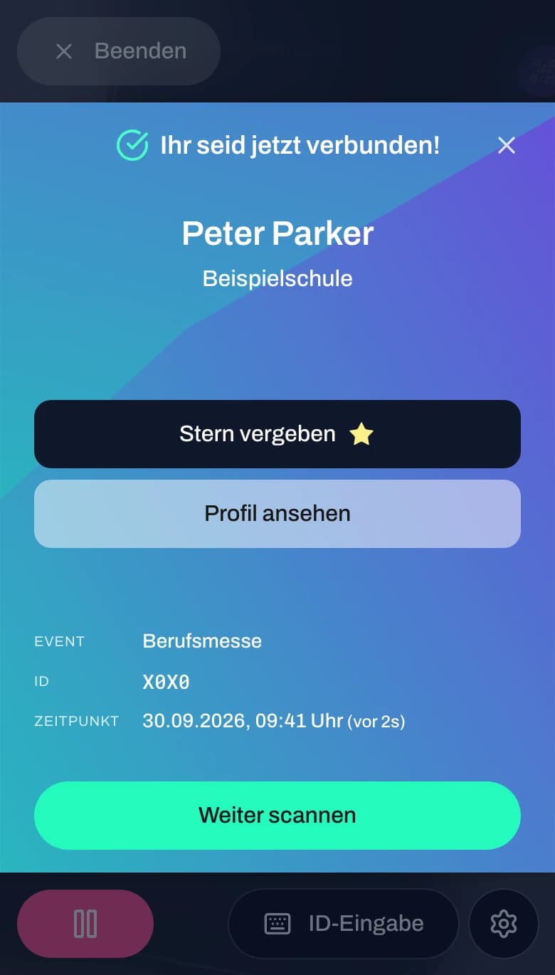Bestätigung „Ihr seid jetzt verbunden!“ mit Button „Stern vergeben“