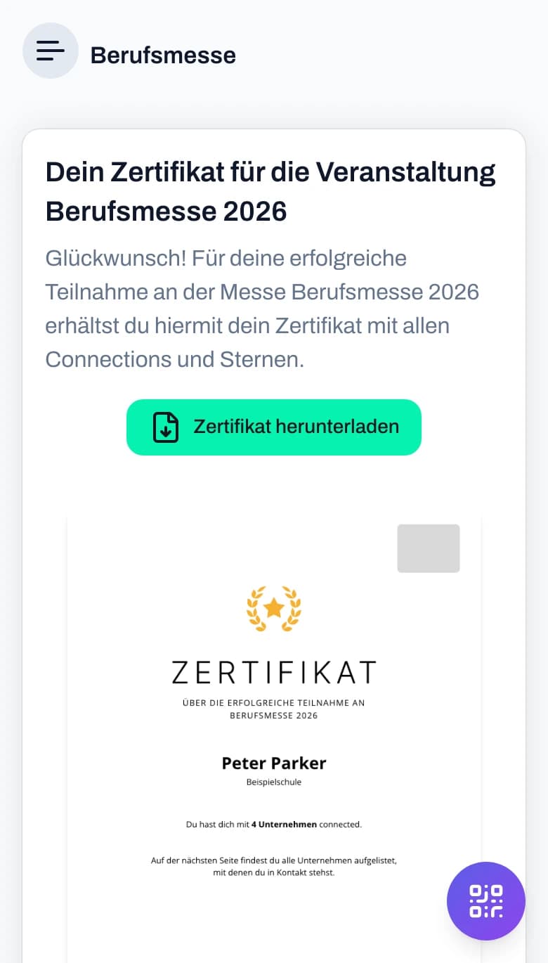 Zertifikat-Seite nach dem Event mit Download-Button und PDF-Vorschau