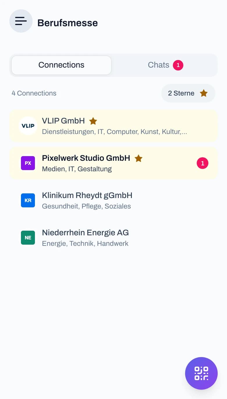Connections von Peter Parker: Aussteller mit Logo, Zeilen mit Stern gelb hinterlegt
