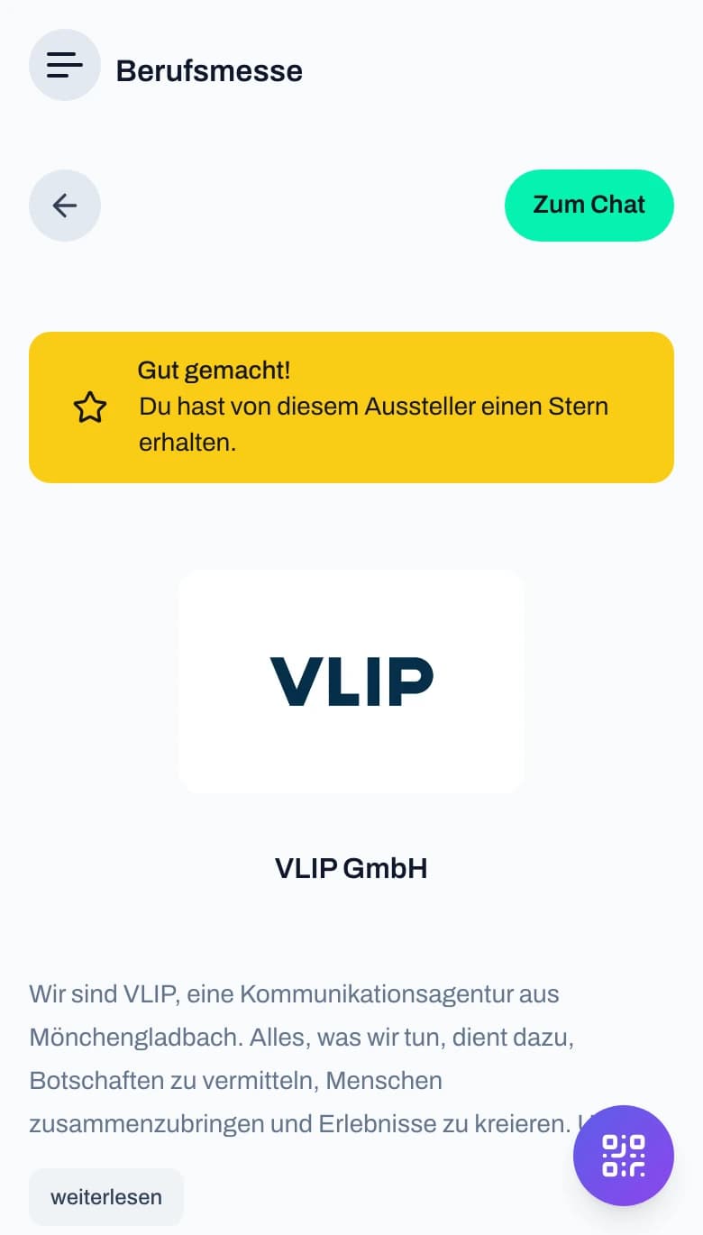 Ausstellerprofil der VLIP GmbH mit gelbem Hinweis „Gut gemacht! Du hast von diesem Aussteller einen Stern erhalten“