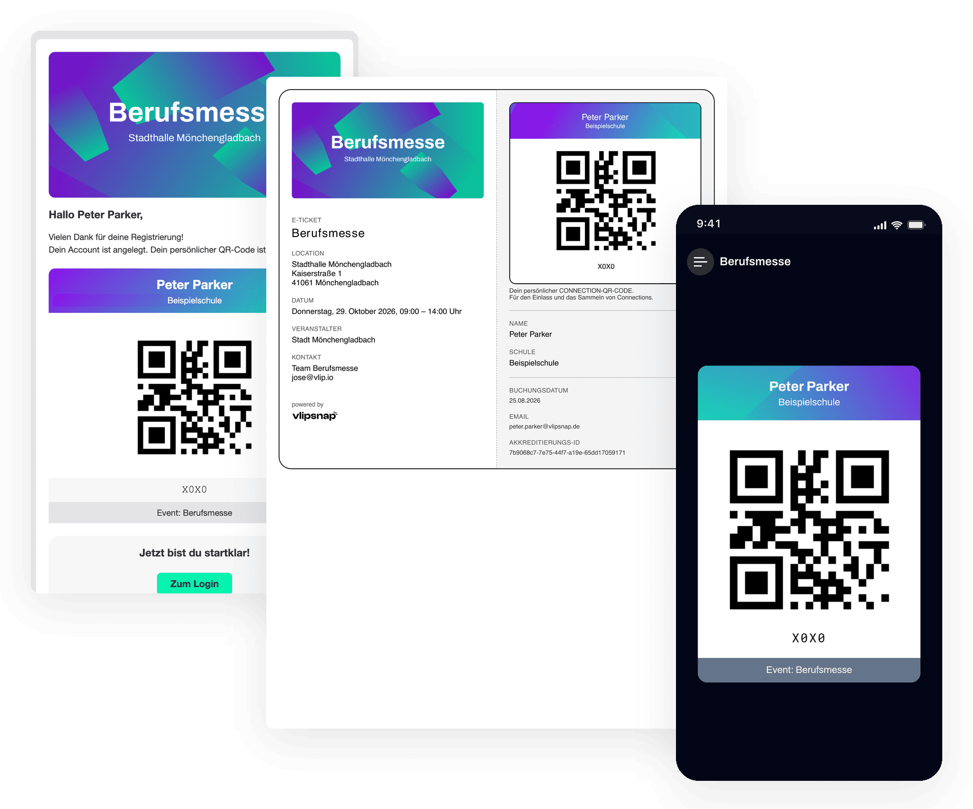 Derselbe QR-Code von Peter Parker in der Registrierungs-E-Mail, im Ticket-PDF und in vlipsnap